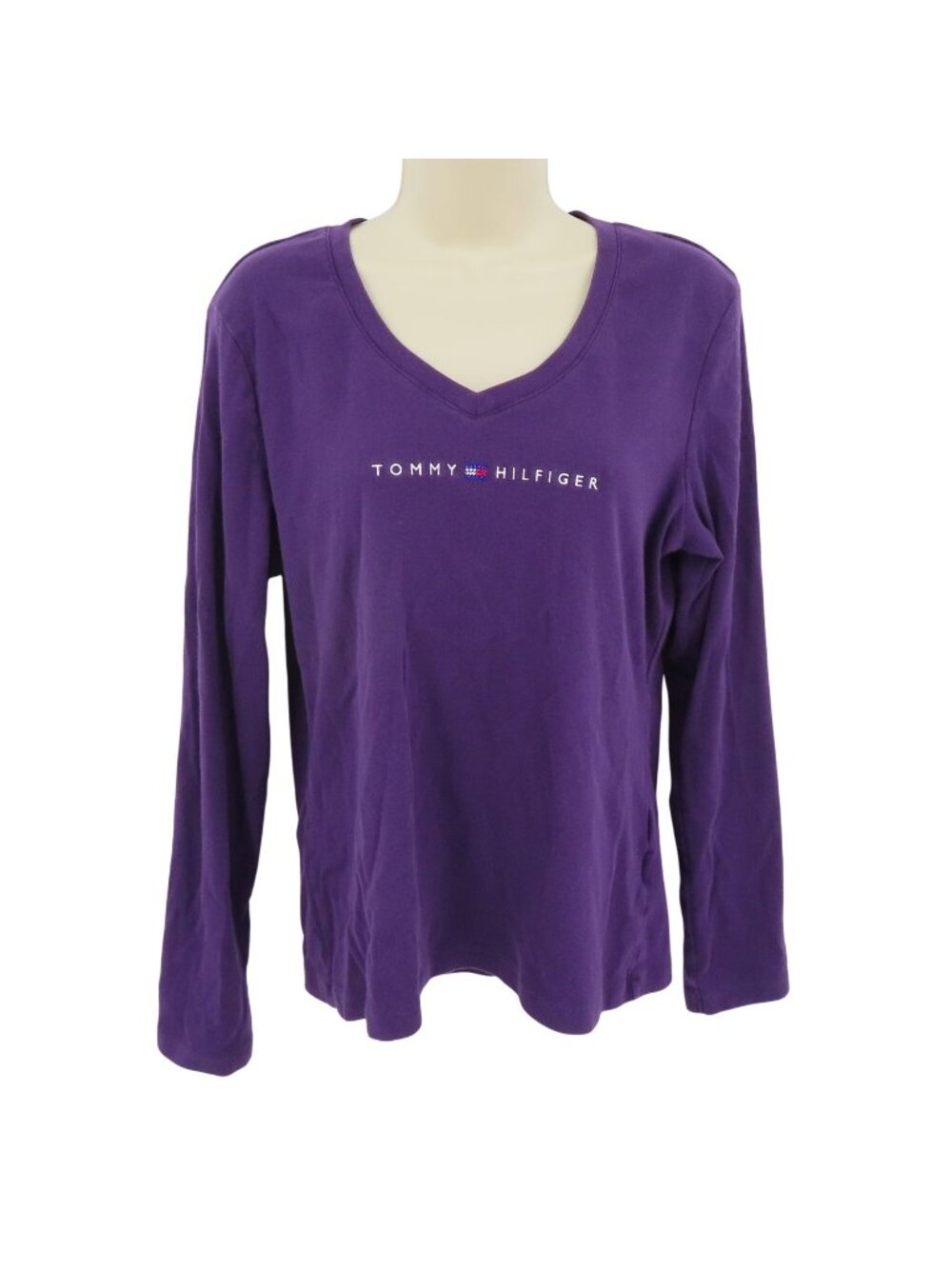 Tommy Hilfiger Women XL Purple V Neck Long Sleeve Shirt Top Embroidered Logo